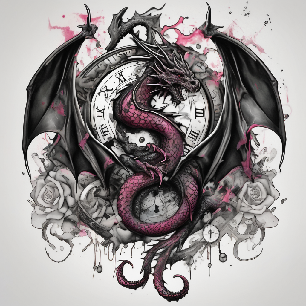 Dark dragon tattoo with clock, dollars and cancer zodiac sign on background hello kitty tattoo, design de tatouage Aquarelle généré par IA